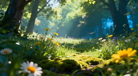 This digital artwork depicts a tranquil forest clearing bathed in natural light, featuring an array of wildflowers in shades of green and yellow. The serene ambiance is enhanced by the soft, diffused lighting that filters through the trees, creating a peaceful and contemplative scene. Ideal for use in nature-themed publications or as a calming backdrop in digital media. AI-generated illustration.の素材