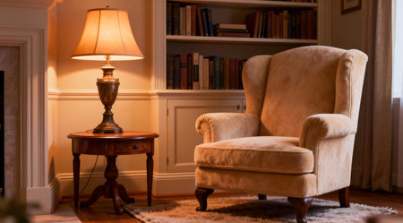 This image depicts a serene reading corner featuring a plush, beige armchair with a soft, inviting texture. The area is bathed in warm amber lighting from a stylish floor lamp, casting a gentle glow on the surrounding space. The composition, with its calming palette of muted greens and soft browns, evokes a tranquil and inviting atmosphere, ideal for home decor inspiration or as a visual for relaxation and leisure spaces. AI-generated illustration.の素材