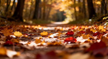 This illustration depicts a peaceful forest trail lined with vibrant orange, red, and yellow autumn leaves. The path is bathed in soft, golden natural light, creating a warm and inviting atmosphere. The scene evokes tranquility and a connection to nature, ideal for use in relaxation and wellness content. AI-generated illustration.の素材