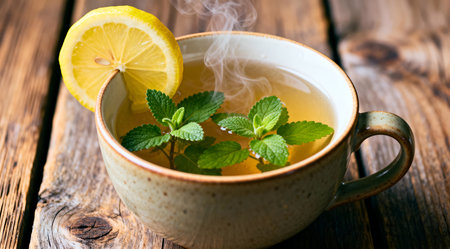 A cup of soothing lemon balm tea sits on a weathered wooden table, bathed in gentle natural light. The scene is dominated by soft yellow and green tones, creating a tranquil and calming effect. Ideal for use in wellness blogs or relaxation-themed content. AI-generated illustration.の素材