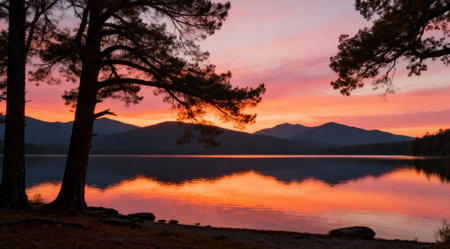 This image captures the tranquil scene of a lake at sunset, bathed in the golden hour's light. The water reflects vibrant orange and soft pink tones, creating a peaceful and artistic landscape. Ideal for use in relaxation-themed projects or as a calming backdrop in digital media. AI-generated illustration.の素材
