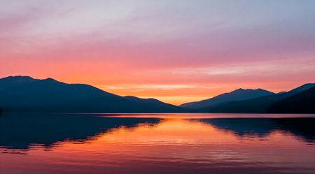 This image captures a tranquil lake scene at sunset, where the water reflects a stunning palette of warm orange and soft pink tones. The serene atmosphere is enhanced by the calm ripples on the lake's surface and the subtle gradient of the sky. Ideal for use in relaxation-themed content or as a calming backdrop in digital designs. AI-generated illustration.の素材