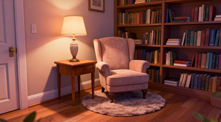 This digital artwork depicts a serene reading corner featuring a plush beige armchair with a soft, inviting texture. The scene is illuminated by a warm amber light from a vintage-style floor lamp, casting a gentle glow that enhances the comforting atmosphere. The composition, with its muted earthy tones and minimalist decor, is ideal for showcasing in home design blogs or as a calming visual for relaxation spaces. AI-generated illustration.の素材
