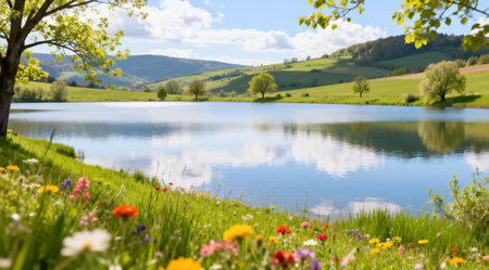 This illustration captures a tranquil rural scene featuring a still lake with clear water reflecting the sky. The landscape is bathed in bright, cheerful daylight with hues of sky blue, soft greens, and warm yellows creating an uplifting atmosphere. Ideal for use in environmental themes, relaxation content, or as a backdrop for nature-inspired designs. AI-generated illustration.の素材