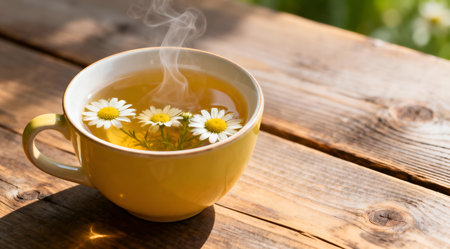 A serene image capturing a steaming cup of chamomile tea in a brown earthenware mug, placed on a rustic wooden table. The scene is bathed in soft natural light, enhancing the soothing yellow and green tones of the tea and surrounding environment. This image evokes a sense of relaxation and tranquility, ideal for wellness blogs, spa promotions, or home decor inspiration. AI-generated illustration.の素材