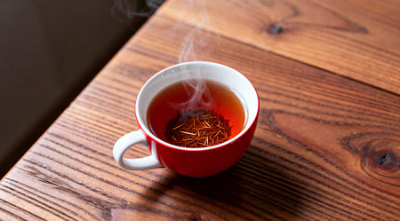A serene cup of rooibos tea sits on a rustic wooden table, bathed in gentle natural light. The tea's soothing red and brown tones create a relaxing ambiance, perfect for wellness blogs, spa advertisements, or tranquil home decor inspiration. The composition highlights the tea's calming effect with a focus on the delicate steam rising from the cup. AI-generated illustration.の素材