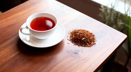 A soothing cup of rooibos tea is displayed in a refined porcelain cup, placed on a textured wooden table. The image captures soft natural light highlighting the warm red and brown tones of the tea, creating a serene and inviting atmosphere. Ideal for use in wellness and relaxation themed content. AI-generated illustration.の素材