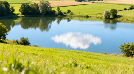 An artistic depiction of a tranquil rural landscape featuring a still lake with reflections of fluffy white clouds and lush greenery. The scene is bathed in bright, cheerful daylight with a palette of vivid greens, blues, and soft yellows, creating an uplifting and serene ambiance. Ideal for use in nature-themed designs, relaxation content, or environmental awareness projects. AI-generated illustration.の素材