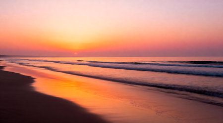 This image captures a serene beach at the break of dawn, bathed in the soft, golden hues of sunrise. The calm sea reflects the vibrant sky, creating a peaceful ambiance. Ideal for use in wellness and relaxation content, or as a backdrop for meditative and yoga practices. AI-generated illustration.の素材