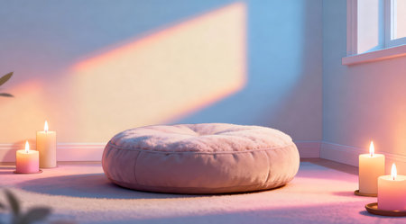 This image depicts a serene meditation area featuring a plush, deep purple cushion and three amber-colored candles arranged on a sleek wooden floor. The soft, muted lighting casts a warm glow, enhancing the calming atmosphere. The design is ideal for wellness centers, yoga studios, or as a peaceful backdrop in home decor settings. AI-generated illustration.の素材