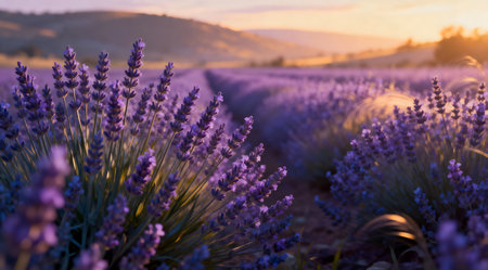 A tranquil scene depicting a vast field of lavender at dusk, bathed in a soft golden light that casts a serene glow. The image features a gradient of calming purples and blues, creating a peaceful atmosphere. Ideal for use in wellness and relaxation-themed projects, this digital artwork captures the essence of nature's beauty at twilight. AI-generated illustration.の素材