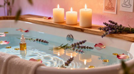 A tranquil bath scene featuring a bathtub filled with clear water and drops of lavender essential oil, surrounded by three amber-colored candles casting a warm glow. The soft pastel blue walls and subtle reflections create a serene ambiance, ideal for relaxation and wellness themes. Perfect for use in spa and home decor visuals. AI-generated illustration.の素材