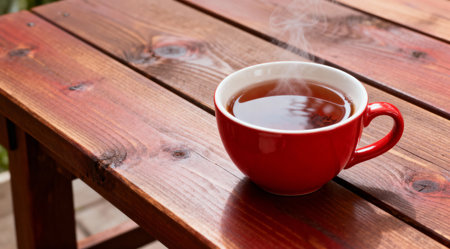 A serene cup of rooibos tea rests on a rustic wooden table, bathed in gentle natural light. The soothing red and brown tones of the tea and wood create a tranquil ambiance. Ideal for use in wellness blogs, relaxation-themed content, or as a calming visual in home decor settings. AI-generated illustration.の素材