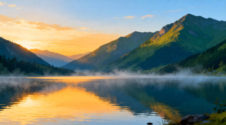 This image captures the serene moment of dawn at a mountain lake, where the water mirrors the sky's palette of soft golden and cool blue tones. The composition emphasizes the peaceful ambiance with the sun's rays gently illuminating the landscape. Ideal for use in relaxation-themed content, nature documentaries, or as a calming backdrop for wellness spaces. AI-generated illustration.の素材