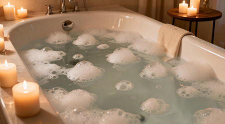 This artistic depiction features a tranquil bathroom setup with a bathtub filled with frothy white bubbles, surrounded by lit candles casting a gentle glow. The scene is bathed in soft, warm lighting with neutral tones creating a soothing ambiance. Ideal for use in wellness and relaxation-themed projects or as a calming visual for home decor inspiration. AI-generated illustration.の素材