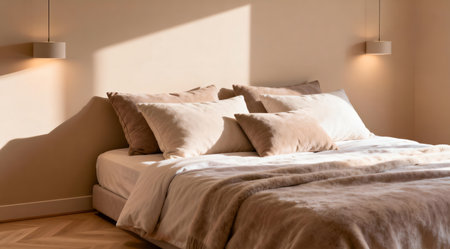 This image showcases a tranquil bedroom scene with plush, cream-colored pillows arranged on a beige bedspread. Subtle lighting casts a soft glow, enhancing the peaceful ambiance. The composition features a minimalist style with soothing neutral colors, ideal for relaxation and wellness content. AI-generated illustration.の素材