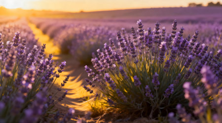 This digital artwork captures a serene lavender field bathed in the soft glow of sunset. The image showcases a gradient of calming purple tones with accents of golden yellow light, creating a tranquil atmosphere. Ideal for use in wellness and relaxation themed projects or as a soothing backdrop for digital designs. AI-generated illustration.の素材