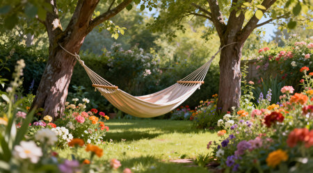 This digital artwork portrays a tranquil garden setting where a cozy hammock is nestled amidst an array of vividly colored flowers. The scene is bathed in gentle, natural light, enhancing the serene ambiance. The vibrant hues of the blooms, ranging from deep purples to bright yellows, create a lively yet peaceful landscape. Ideal for use in relaxation and wellness-themed projects or as a soothing backdrop in home decor. AI-generated illustration.の素材