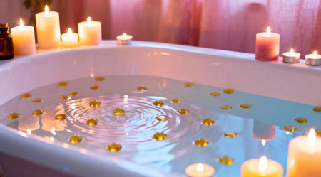 An inviting bath setup featuring a vintage clawfoot tub filled with steaming water infused with lavender essential oil. Soft amber candles flicker on the edges, casting a warm, soothing glow. The scene is bathed in gentle pastel hues, promoting a serene and relaxing atmosphere. Ideal for wellness blogs, spa promotions, or home decor inspiration. AI-generated illustration.の素材