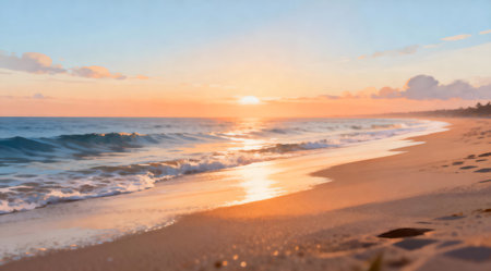 This artistic depiction captures the tranquility of a beach at dawn, bathed in a soft golden light. The scene features a harmonious blend of warm orange and cool blue hues, creating a peaceful atmosphere. Ideal for use in relaxation-themed media or as a calming visual for personal spaces. AI-generated illustration.の素材