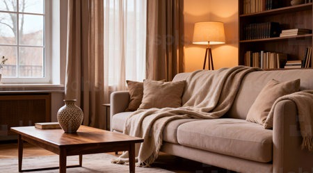 This image features a stylish living room interior with a plush beige sofa adorned with soft brown and cream blankets. The room is illuminated by warm, inviting indoor lighting that casts a gentle glow, enhancing the cozy atmosphere. The soothing color palette of beige and brown tones, combined with creative interior design elements, makes this an ideal setting for home decor inspiration or relaxation-themed content. AI-generated illustration.の素材
