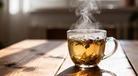 An artistic depiction of a steaming cup of herbal tea, placed in a handcrafted earthenware mug, sitting on a rustic wooden table. The scene is bathed in soft, natural light that enhances the warm, inviting hues of amber and soft browns. This image captures a serene and cozy atmosphere, ideal for enhancing content related to relaxation, wellness, and home comfort. AI-generated illustration.の素材