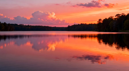 This image captures a tranquil lake at sunset, bathed in the golden hour's warm orange and soft pink hues. The reflection of the sky on the water's surface enhances the peaceful mood, creating an artistic landscape perfect for relaxation-themed media or nature-inspired decor. AI-generated illustration.の素材