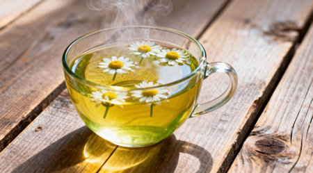 A detailed depiction of a cup of chamomile tea, placed on a rustic wooden table, bathed in soft natural light. The scene features soothing yellow and green tones, enhancing a tranquil and relaxing ambiance. Ideal for wellness and relaxation themes in editorial content or personal blogs. AI-generated illustration.の素材