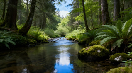 A serene woodland setting featuring a delicate stream winding through dense, verdant greenery. The scene is bathed in soft daylight, with soothing shades of emerald green and sky blue dominating the palette. This peaceful nature scene is ideal for use in relaxation-themed media or environmental awareness campaigns. AI-generated illustration.の素材
