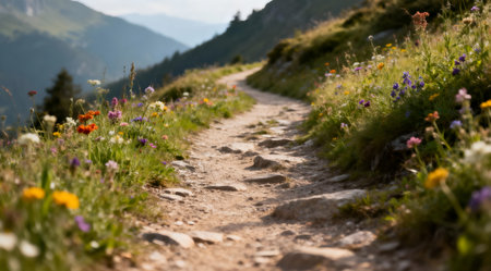 This illustration captures a peaceful mountain path lined with an array of colorful wildflowers in shades of purple, yellow, and pink. The scene is bathed in soft, warm light, enhancing the tranquil mood and inviting the viewer into a serene natural environment. Ideal for use in wellness and relaxation-themed projects. AI-generated illustration.の素材