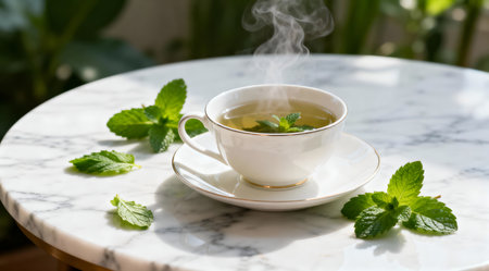A serene cup of peppermint tea sits on a cool gray marble table, illuminated by gentle natural light. The scene is accented with soothing green and white tones, enhancing the tranquil atmosphere. This image is ideal for wellness blogs, spa promotions, or relaxation-themed content. AI-generated illustration.の素材