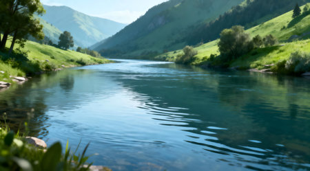 A digital artwork depicting a calm river winding through a peaceful valley, illuminated by natural light. The scene is dominated by soothing green and blue hues, enhancing the serene mood. This piece is ideal for use in relaxation-themed content, environmental awareness campaigns, or as a calming backdrop in wellness spaces. AI-generated illustration.の素材