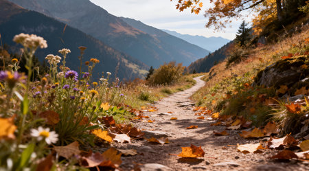 This illustration captures a serene mountain path lined with vibrant wildflowers in shades of yellow, orange, and red, alongside fallen autumn leaves in rich hues of brown and gold. The scene is bathed in soft, natural light, creating a warm and comforting ambiance. Ideal for use in nature-themed designs, relaxation apps, or as a calming backdrop for personal spaces. AI-generated illustration.の素材