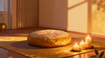 This serene setting features a plush, round cushion in a soft gray hue, ideal for meditation, surrounded by three amber-colored candles on a sleek wooden floor. The scene is bathed in gentle, warm indoor lighting that casts a soothing glow, enhancing the calming ambiance. Perfect for wellness and relaxation themes in interior design or personal space inspiration. AI-generated illustration.の素材