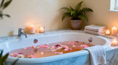 A tranquil spa scene featuring a deep, white porcelain bathtub surrounded by lit, slender candles in various heights. The ambiance is enhanced by gentle, diffused indoor lighting casting warm yellow hues across the room. This soothing setup is ideal for wellness and relaxation-themed graphics or home decor inspiration. AI-generated illustration.の素材