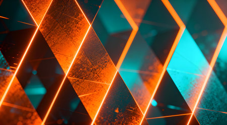 This artwork showcases a sleek and futuristic style through vibrant neon colors and dynamic geometric shapes. Ideal for digital backgrounds, website design, and modern art projects, it adds a contemporary flair to any visual project. The seamless texture ensures versatility in various applications. AI-generated illustration.の素材