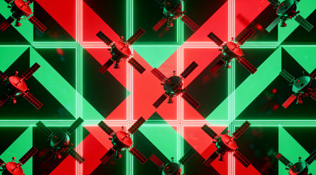 The artwork features a bold and modern digital style with a vibrant color scheme, ideal for creating eye-catching designs in technology and space-themed projects. Its seamless texture makes it perfect for web and print media, enhancing the visual impact of sci-fi inspired graphics or futuristic presentations. This piece stands out with its innovative use of color and shape, appealing to designers and enthusiasts in the digital art community. AI-generated illustration.の素材