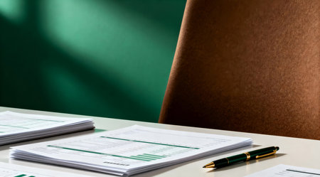 This artistic depiction features a modern workspace adorned with financial documents and a sleek pen, bathed in studio lighting. The composition uses earthy green and brown hues, creating a serene and focused atmosphere. Ideal for illustrating financial planning or professional office settings. AI-generated illustration.の素材