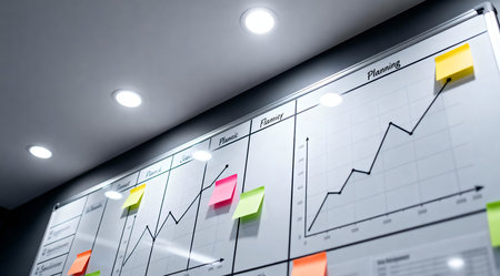 An artistic depiction of a financial planning board featuring a sleek design with cool gray and white tones. The board is adorned with various graphs, charts, and colorful sticky notes, illuminated by overhead lighting to enhance the modern aesthetic. This image could be ideal for use in presentations about financial strategies or as a creative backdrop for business-related content. AI-generated illustration.の素材