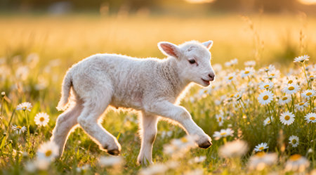 This image features a whimsical and playful style, utilizing vibrant colors and soft lighting to evoke a sense of joy and innocence. It is well-suited for children's books, educational materials, and pastoral-themed designs. The golden hour lighting adds a warm and inviting atmosphere, making it valuable for projects aiming to convey serenity and natural beauty. AI-generated illustration.の素材