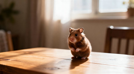 This piece captures a serene and cozy atmosphere through the use of gentle lighting and a muted color palette, enhancing the intimate feel of the scene. Ideal for pet care blogs, veterinary websites, or animal-themed children's books, this illustration evokes warmth and comfort. The detailed texture of the wood and the soft fur of the hamster showcase the technical prowess of AI in creating lifelike textures. AI-generated illustration.の素材