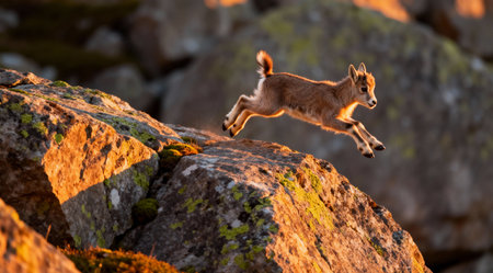 This illustration captures a playful and whimsical style with soft, warm tones, evoking a sense of joy and movement. Ideal for children's books, educational materials, or wildlife-themed projects, this piece adds a vibrant touch to any design. The artistic execution highlights the dynamic action, making it a versatile choice for creative professionals. AI-generated illustration.の素材