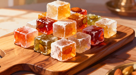 An array of colorful Turkish delight cubes arranged on a weathered wooden board, showcasing vibrant hues of pink, green, and yellow. The natural lighting enhances the warm and inviting tones, highlighting the exotic patterns and textures of this traditional Middle Eastern confectionery. Ideal for cultural food blogs, travel guides, or culinary art displays. AI-generated illustration.の素材