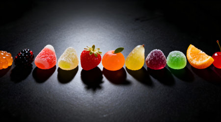 A creative display of assorted fruit-flavored candies, each piece showcasing distinct hues like bright orange, deep purple, and vibrant green, arranged linearly on a sleek black surface. The dramatic lighting enhances the visual impact, casting bold shadows and highlighting the candies' glossy texture. This artistic food design could be utilized in culinary blogs, recipe illustrations, or as a vibrant element in graphic design projects. AI-generated illustration.の素材