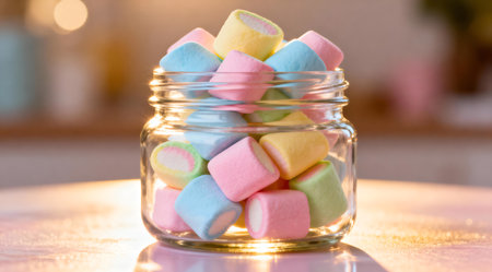 A glass jar filled with an assortment of pastel-colored marshmallows, including soft pinks, light blues, and gentle yellows, is showcased with delicate backlighting that highlights the fluffiness and texture of the sweets. The whimsical arrangement and playful colors create a fun and inviting atmosphere, ideal for culinary blogs, recipe illustrations, or creative food-themed projects. AI-generated illustration.の素材