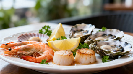 An artistic arrangement of a seafood dish featuring succulent shrimp, fresh mussels, and a vibrant lemon slice on a white plate. The composition is bathed in natural light, highlighting the textures and colors of the seafood. This elegant setup is ideal for culinary blogs, restaurant menus, or gourmet food magazines. AI-generated illustration.の素材