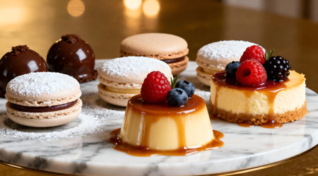 A sophisticated display of various sweets arranged on a sleek, silver platter. The assortment includes chocolate truffles, macarons in pastel hues of pink, blue, and green, and delicate petit fours. The studio lighting enhances the textures and colors, creating an indulgent and luxurious mood, ideal for upscale restaurant menus or gourmet food blogs. AI-generated illustration.の素材