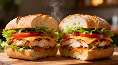 This image features a freshly cut sandwich, with visible layers of lettuce, tomato, and cheese, artistically arranged on a wooden surface. The sandwich is bathed in soft, natural light, enhancing its appeal. The composition is ideal for culinary blogs, food magazines, or restaurant menus. AI-generated illustration.の素材