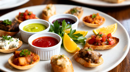 An artistic arrangement of tapas featuring a vibrant palette of red, green, and yellow dishes, each garnished with fresh herbs and drizzled with different sauces. The composition is lit with natural light, enhancing the textures and colors, creating an inviting and appetizing scene. Ideal for culinary blogs, restaurant menus, or food-related social media content. AI-generated illustration.の素材