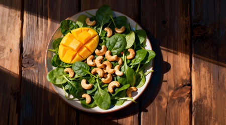 This image showcases a dynamic use of color and composition, employing dramatic studio lighting to enhance the visual impact. Ideal for culinary blogs, vegan recipe books, and health-focused websites, this piece offers a fresh perspective on food presentation. The lively colors and top-down view make it a versatile choice for digital and print media. AI-generated illustration.の素材